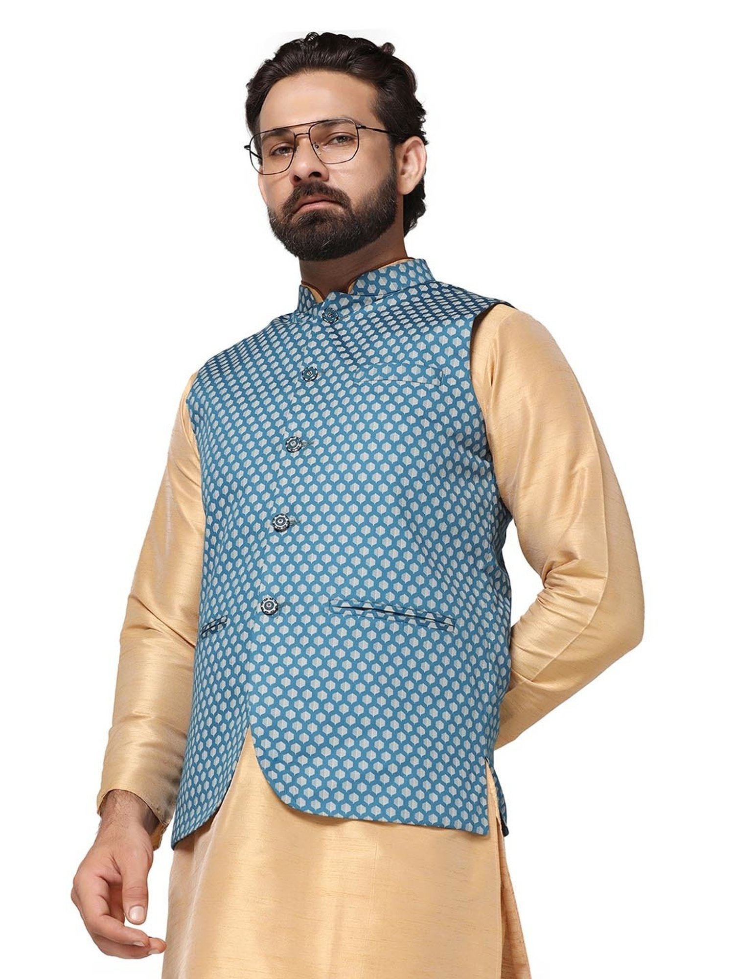TAHVO Teal Blue Slim Fit Printed Nehru Jacket