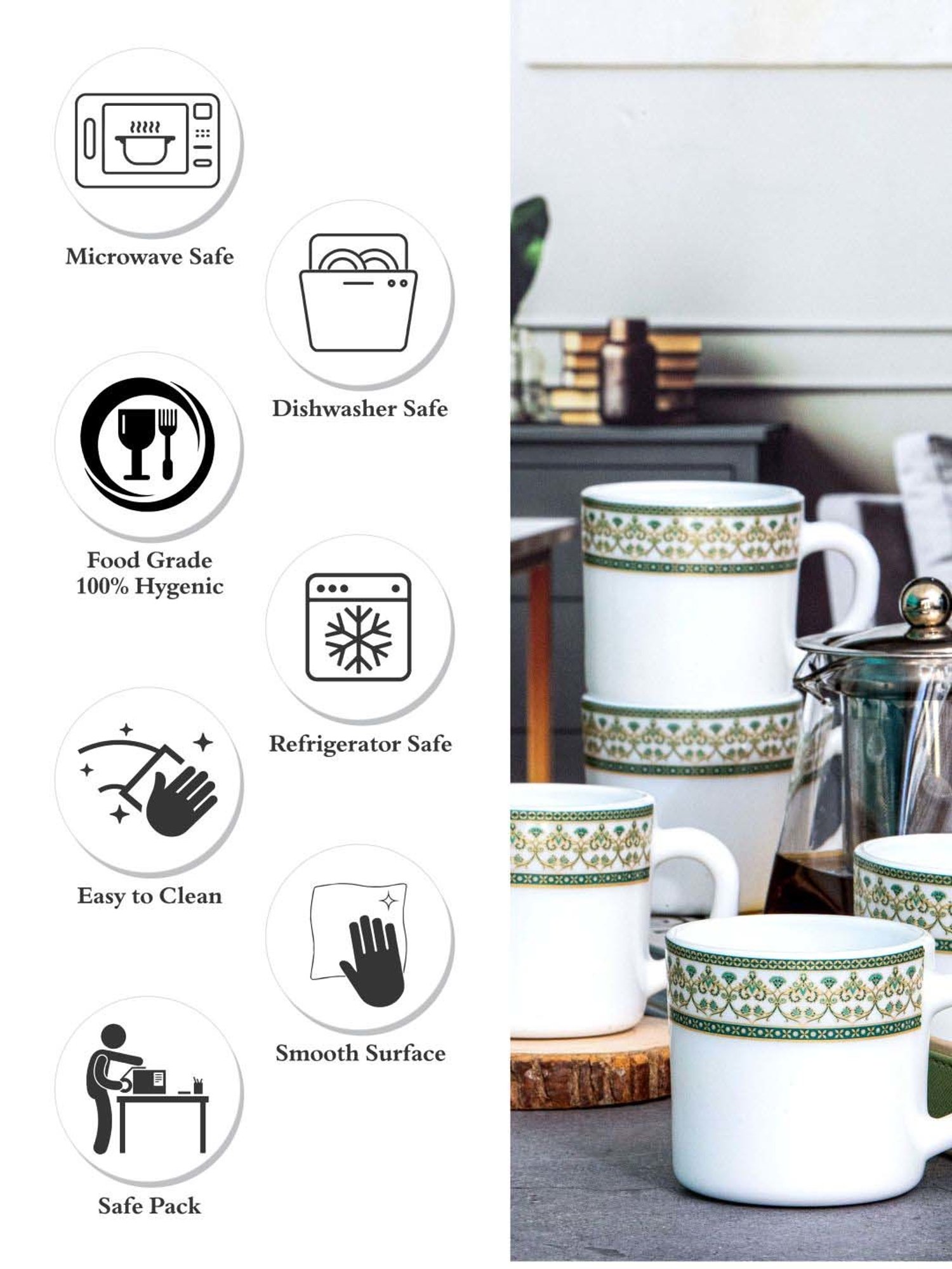 Cello White & Green Opalware Solitaire Tea Mug (0.18 L) - Set of 6