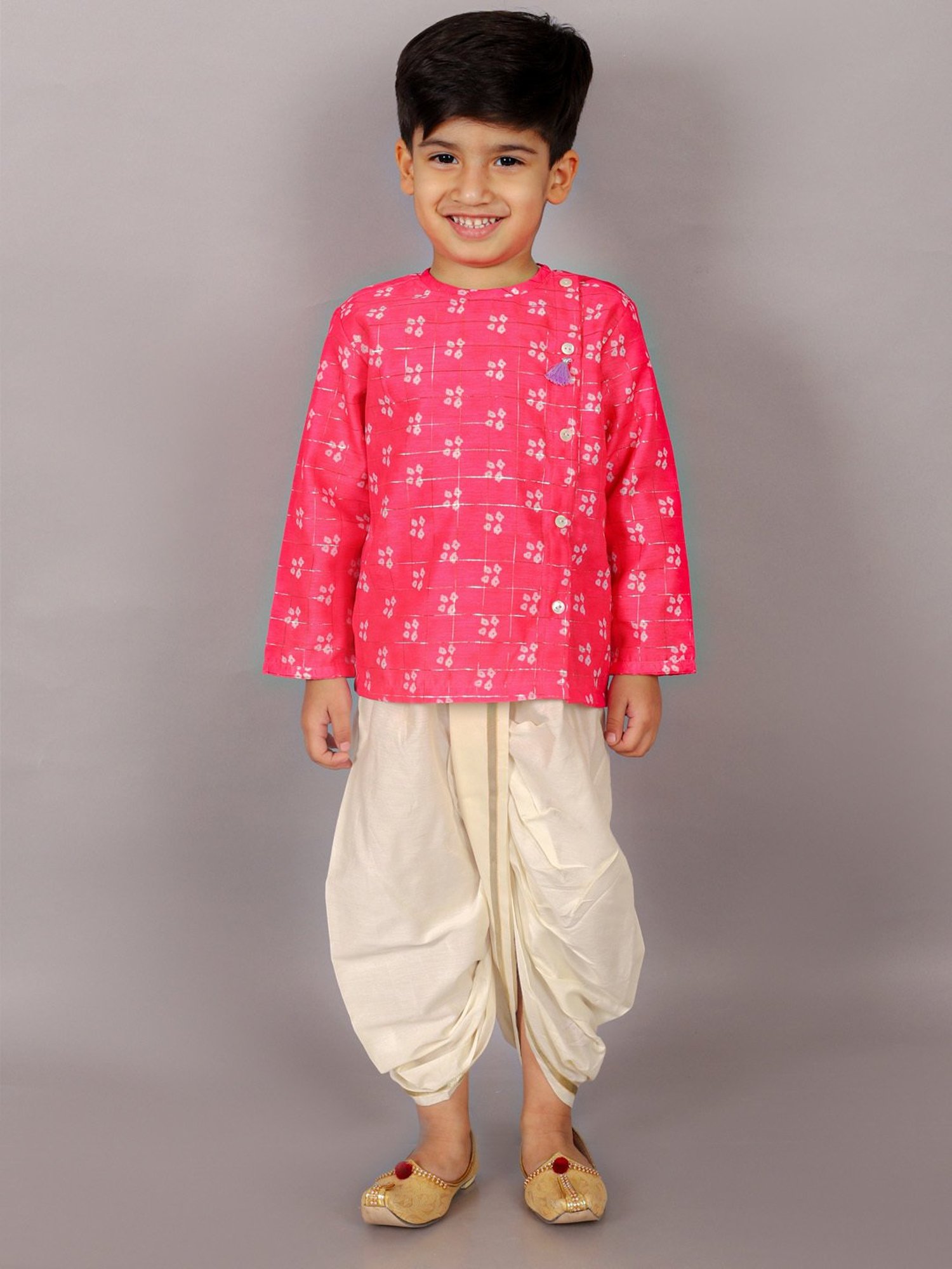 Lil Drama Kids Pink & White Printed Full Sleeves Kurta with Dhoti