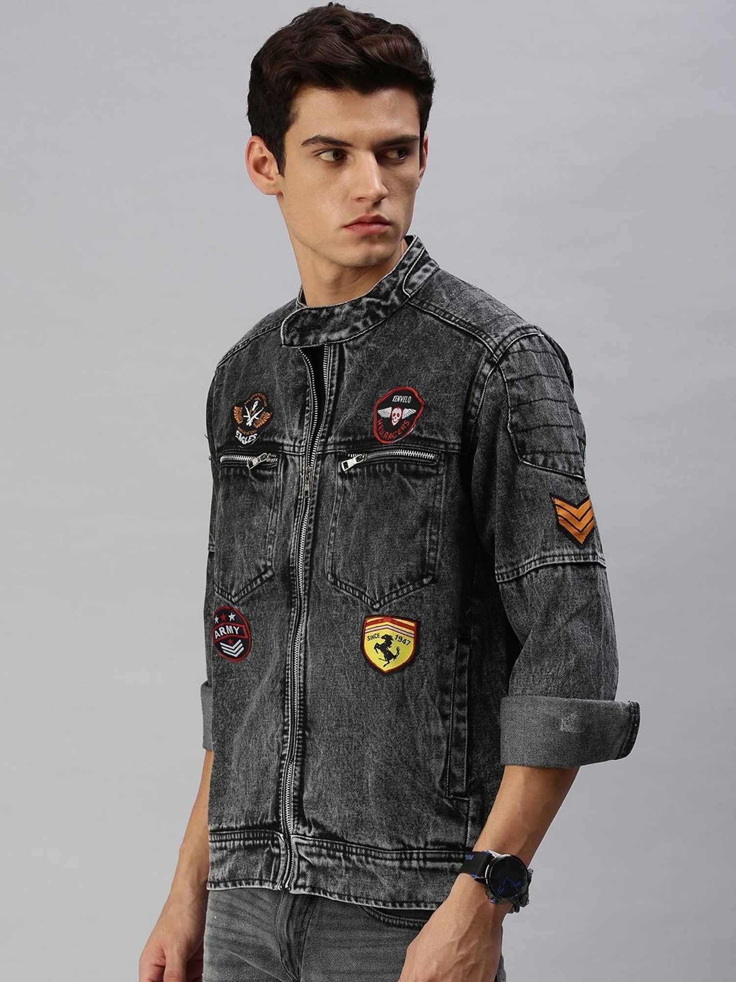 VOXATI Grey Full Sleeves Mandarin Collar Denim Jacket