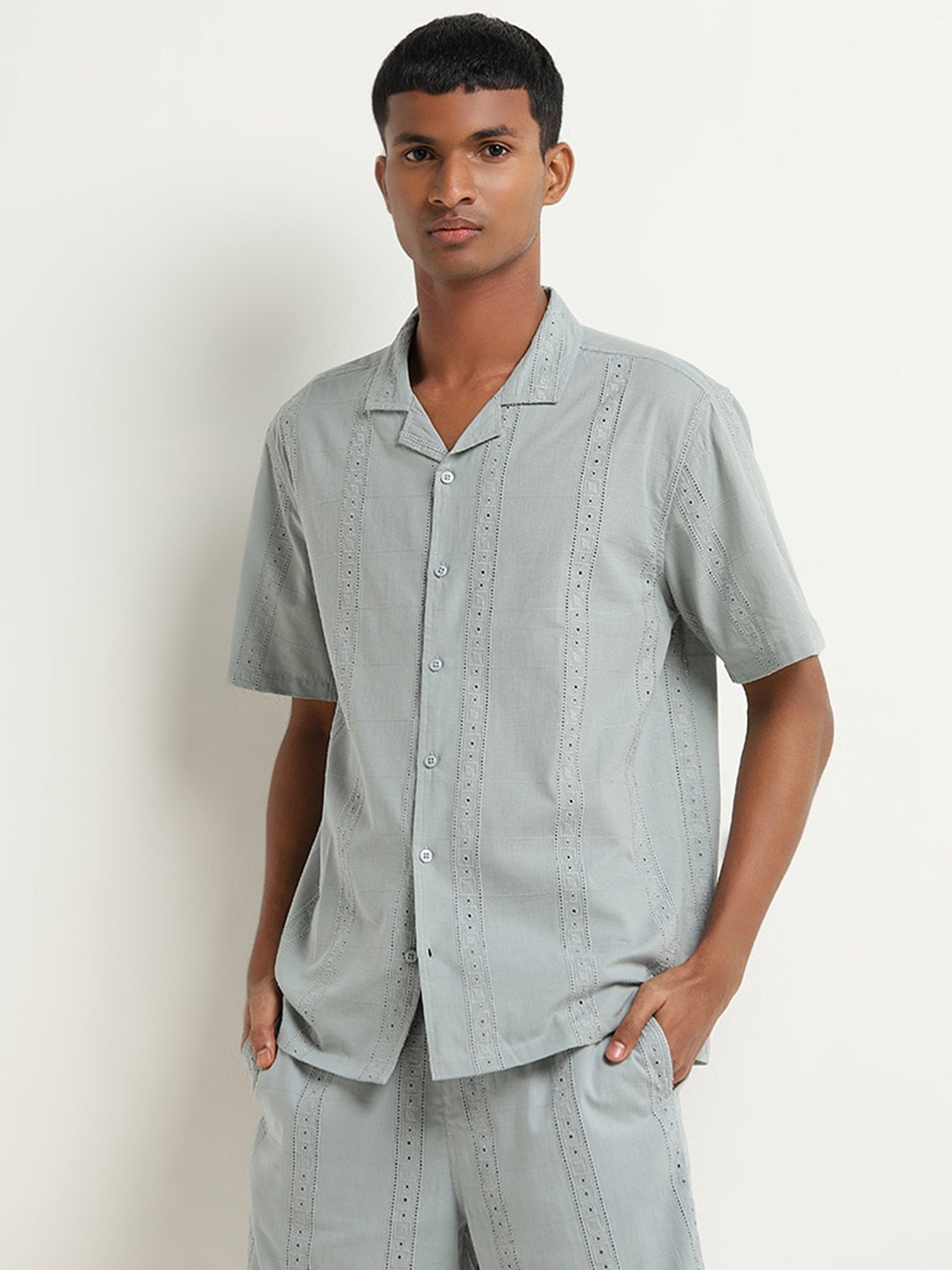 ETA by Westside Dusty Teal Schiffli Design Relaxed-Fit Cotton Shirt