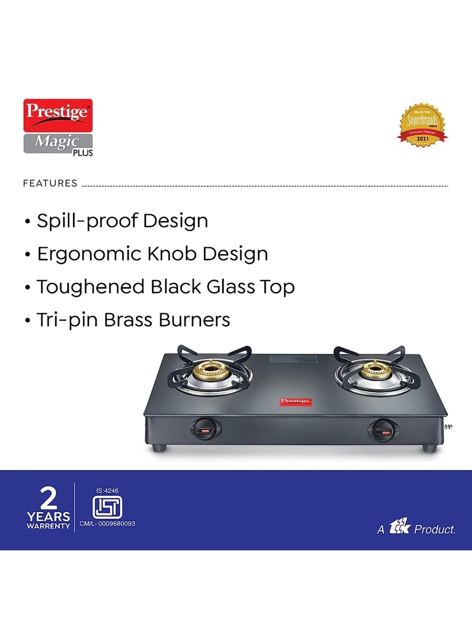 Prestige Magic Plus GTMP-02 Black Powder Coated Toughened Glass Gas Stove With 2 Brass Burner