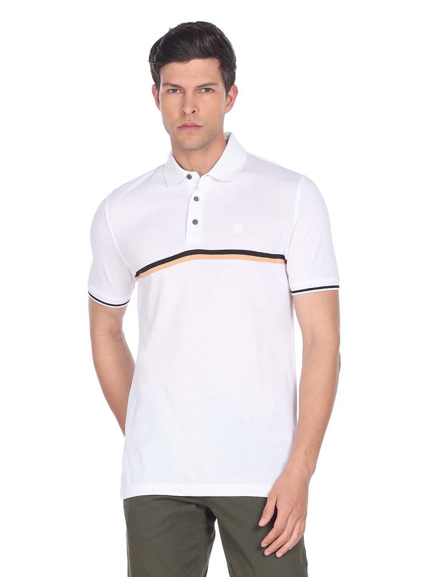 Arrow White Regular Fit Striped Cotton Polo T-Shirt