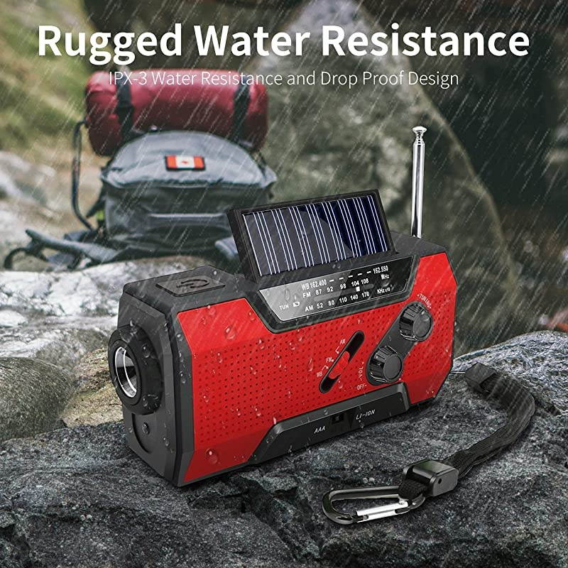 Radio Solar Hand Crank AMFMNOAA Weather Radio for Household and Outdoor with LED Flashlight Reading Lamp 2000mAh Power Bank USB Charger and SOS Alarm Red