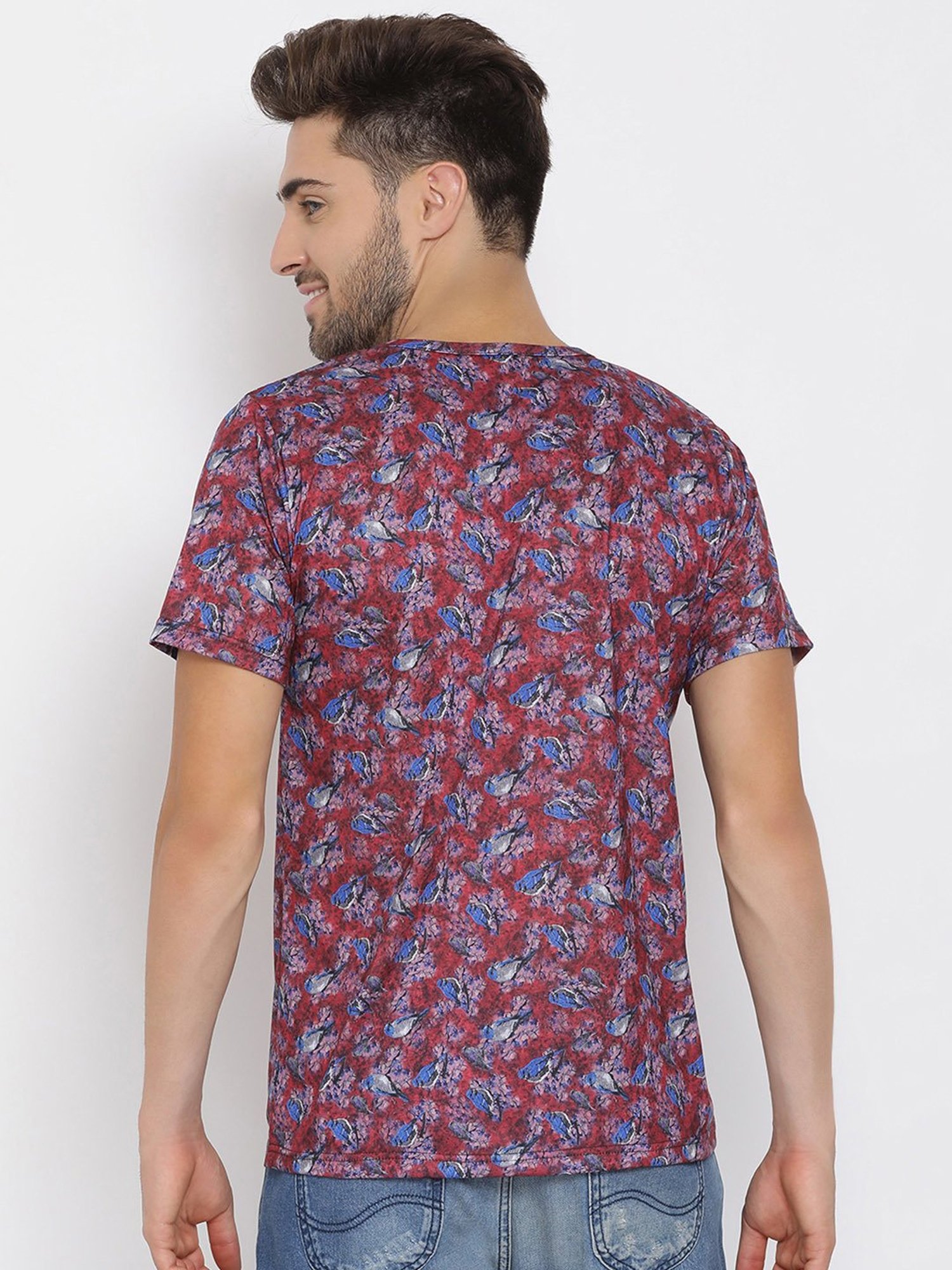 Hangup Plus Red & Blue Regular Fit Printed Henley T-Shirt