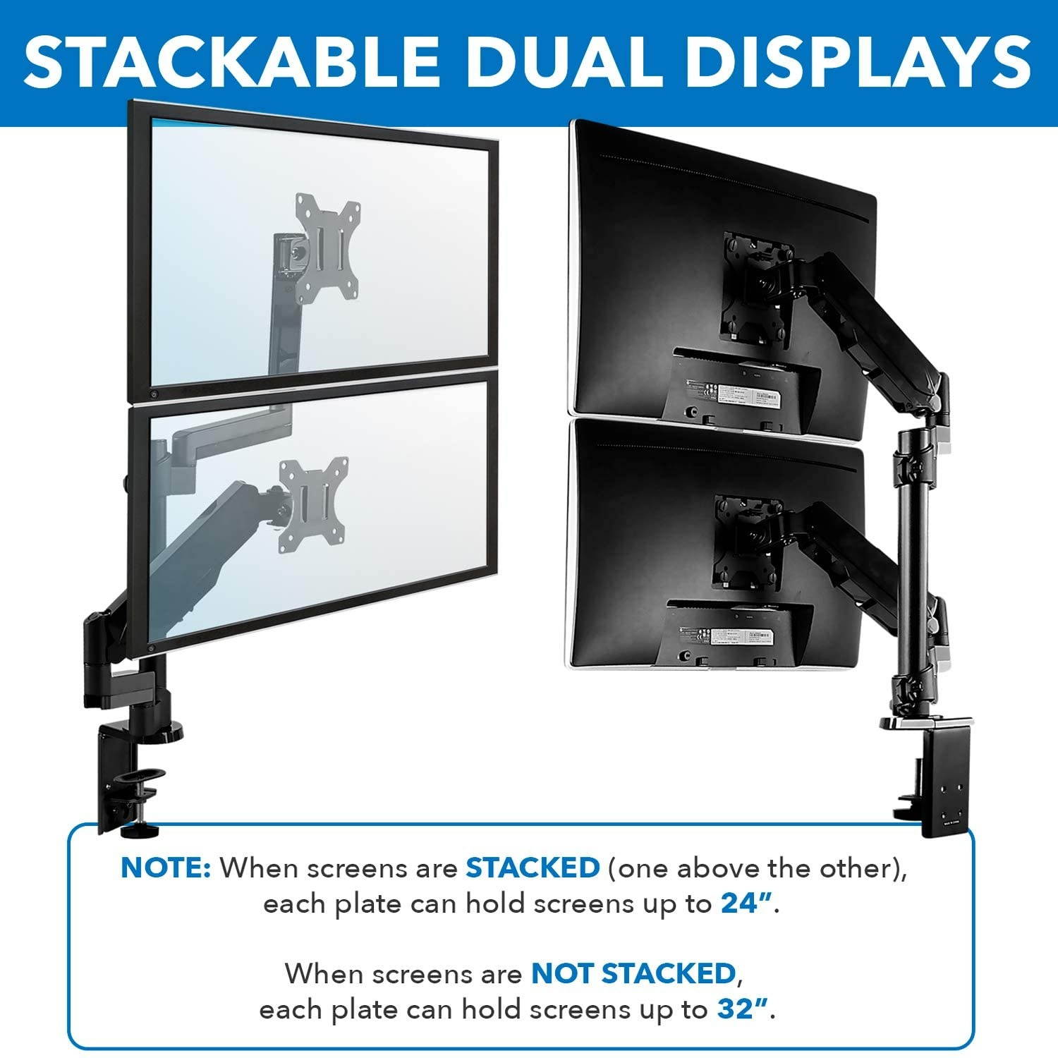 Dual Monitor Arm Mount Desk Stand | 2 Vertical Stackable Arms | Articulating Double Gas Springs Height Adjustable | Two 24 27 29 30 32 Inch VESA 75 100 Compatible Screens | Clamp and Grommet