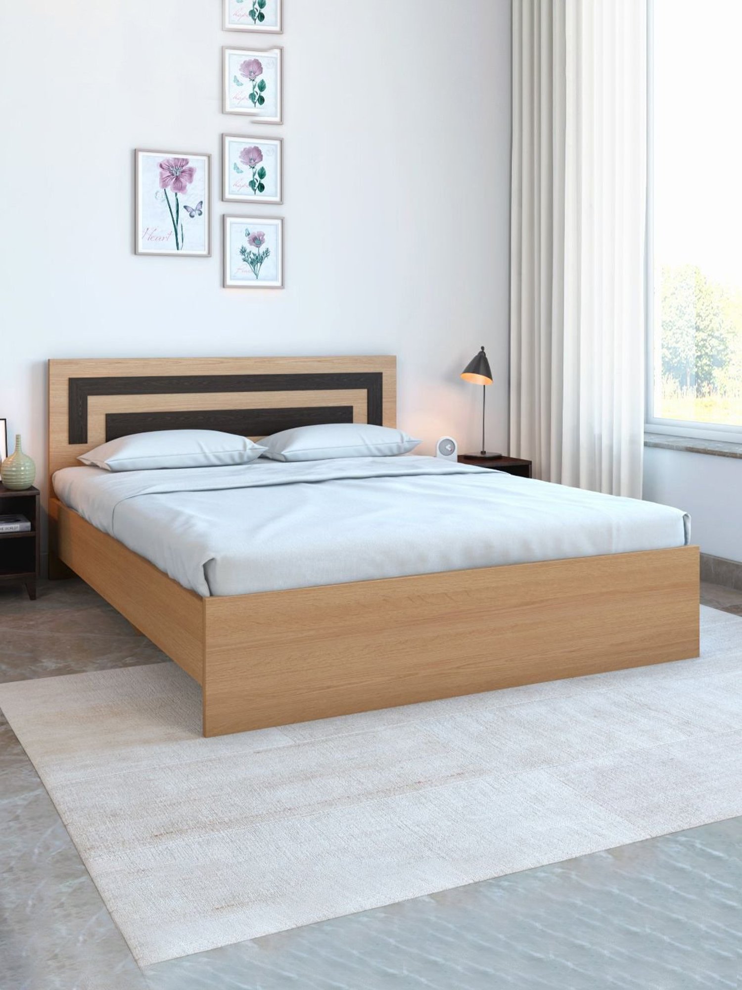 Duroflex Plush Brown Sheesham Wood Queen Bed in Honey Finish