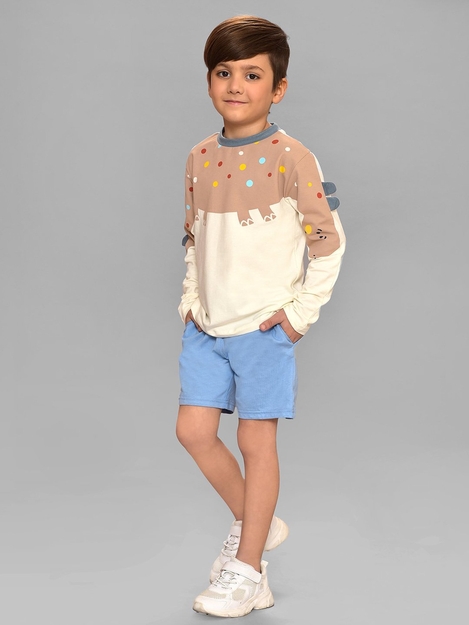 MiArcus Kids White & Brown Printed Full Sleeves T-Shirt