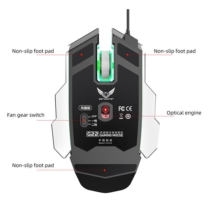 LED Backlight Mute Computer Mouse Gamer 7 Buttons 6400DPI Adjustable For PC USB Wired Cooling Fan Gaming Mouse