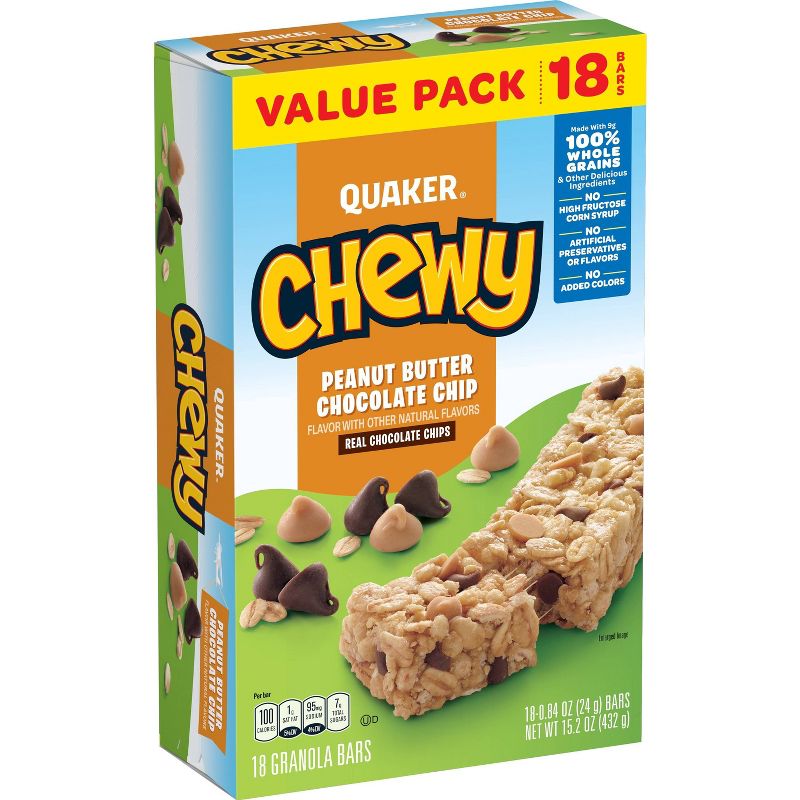 Quaker Chewy Peanut Butter Choc Chip - 15.2oz/18ct