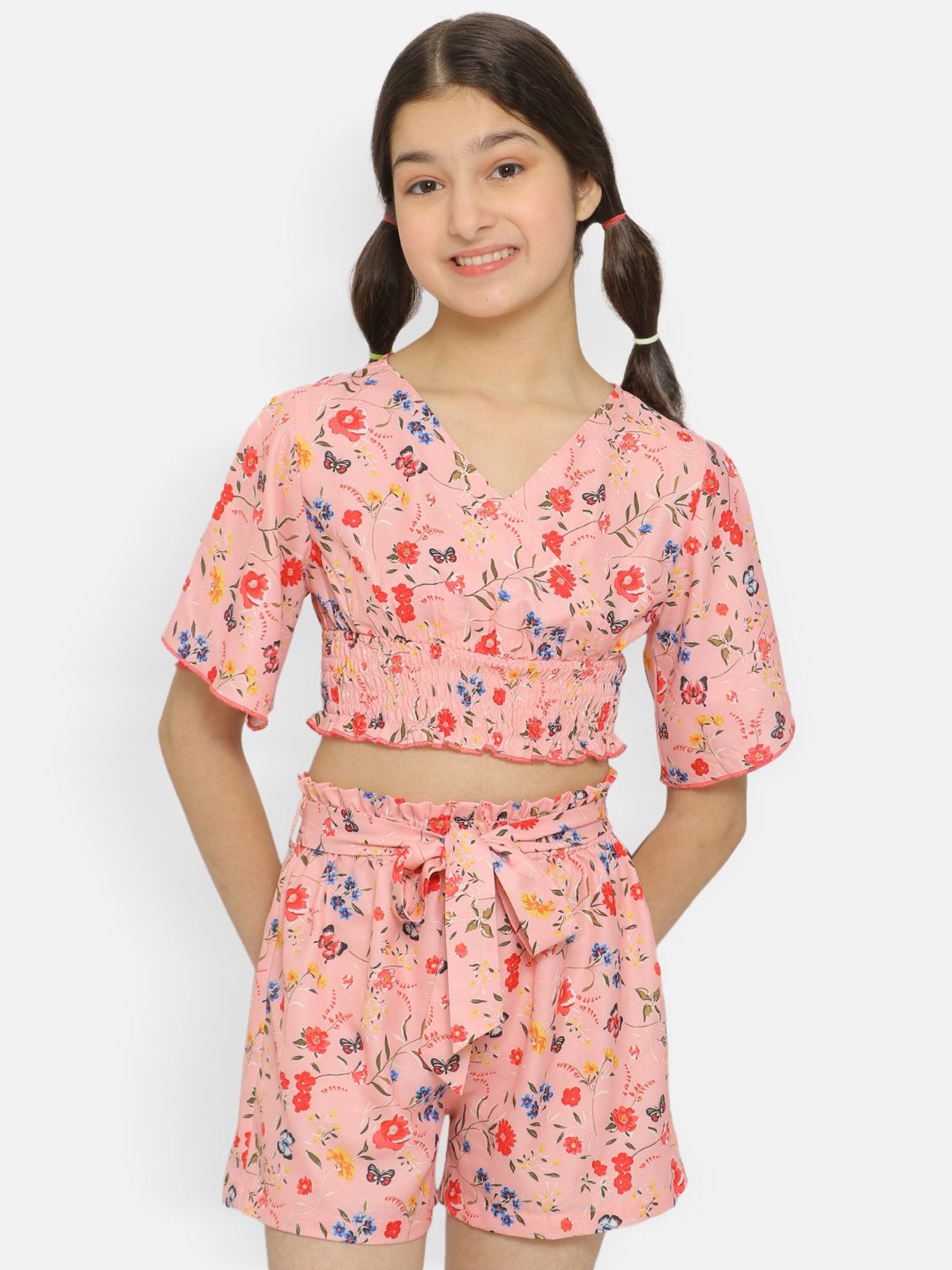 Nauti Nati Kids Peach Floral Print Top, Shorts with Waist Tie Ups