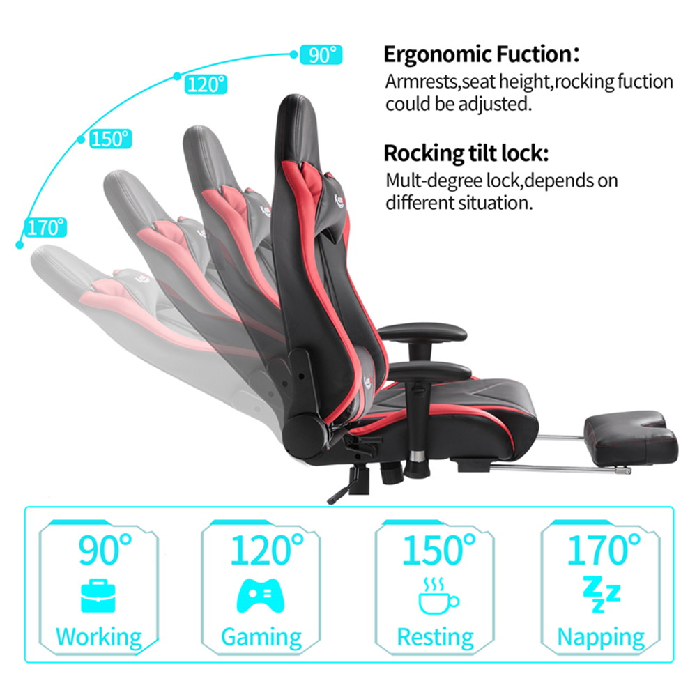 Kasorix Gaming Chair Racing Style Computer Chair with Footrest PU Leather Adjustable Gamer Chair with Headrest and Lumbar Support