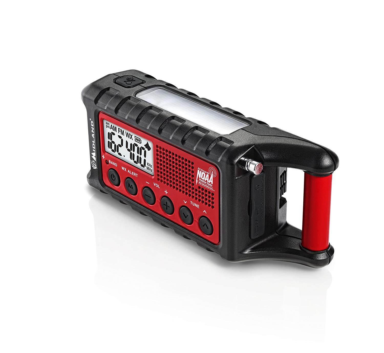 Midland - ER310, Emergency Crank Weather AM/FM Radio - Multiple Power Sources, SOS Emergency Flashlight, Ultrasonic Dog Whistle, NOAA Weather Scan + Alert (Red/Black)