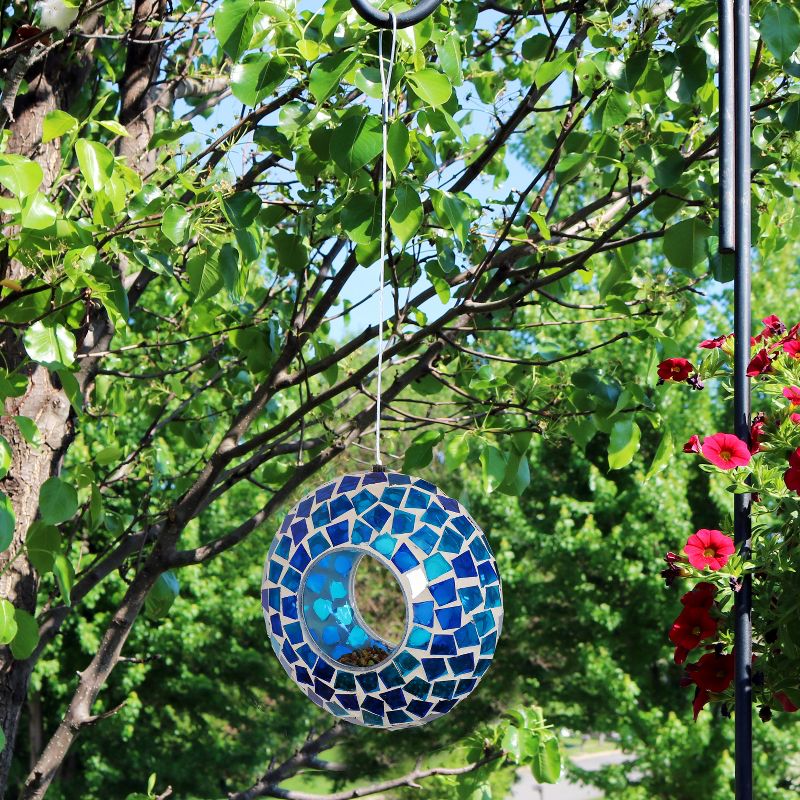 Sunnydaze Outdoor Garden Patio Round Glass with Mosaic Design Hanging Fly-Through Bird Feeder - 6"- Blue