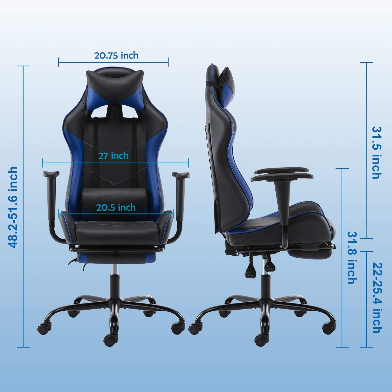 SMUGDESK Gaming Chair with Footrest Racing Style Recliner with Lumbar Support, Ergonomic Office Armchair for Computer PU Leather High Back Desk Chair Headrest Swivel Rocking Desk Chair, Blue