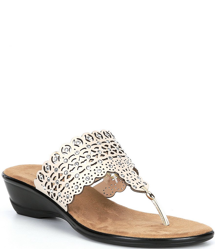 Onex Kelli Lazer Cut Leather Rhinestone Thong Slides