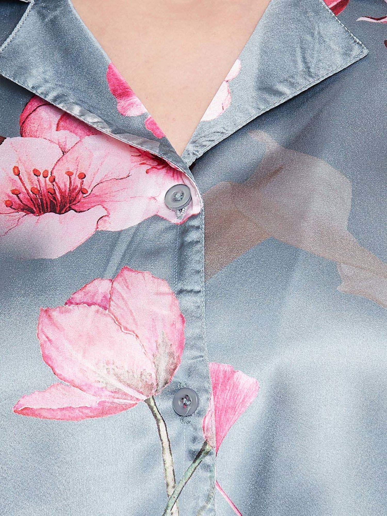 Clovia Blue Floral Print Shirt & Pyjama Set