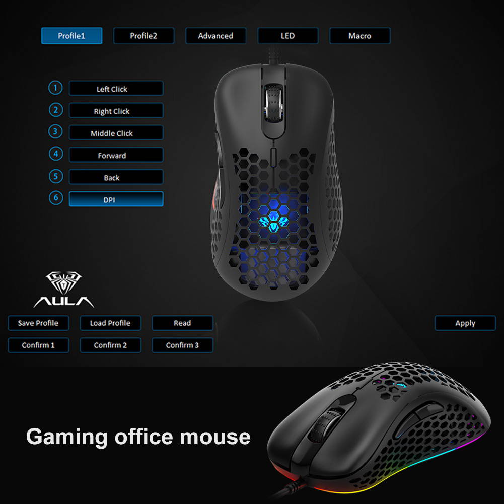 AULA F810 RGB Backlit Mouse 7 Buttons Macro Programmable 6400 DPI Hollow Ergonomic Optical Wired Gaming Mouse for PC Computer Desktop Laptop