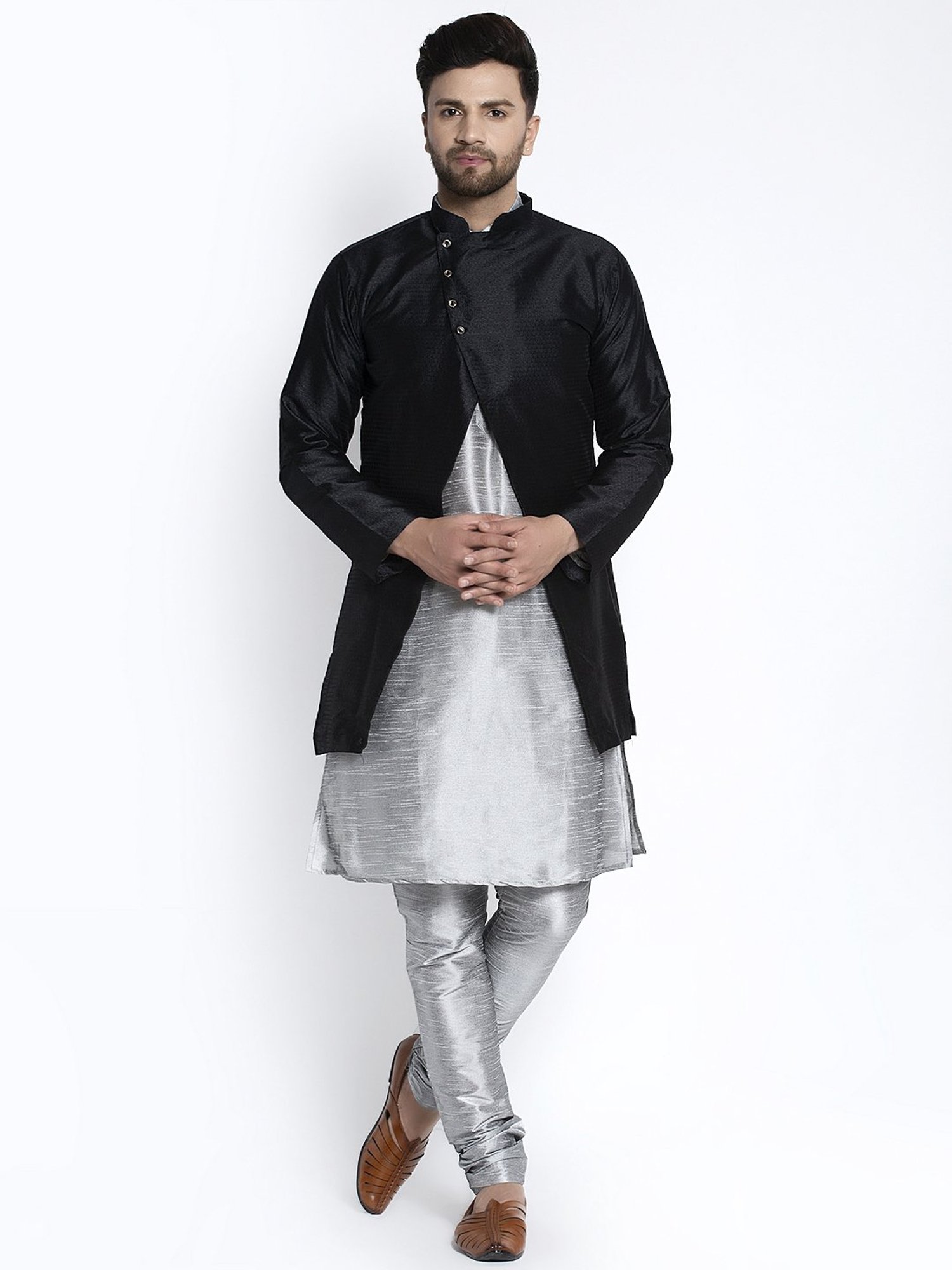Benstoke Grey & Black Regular Fit Self Pattern Kurta Set With Jacket