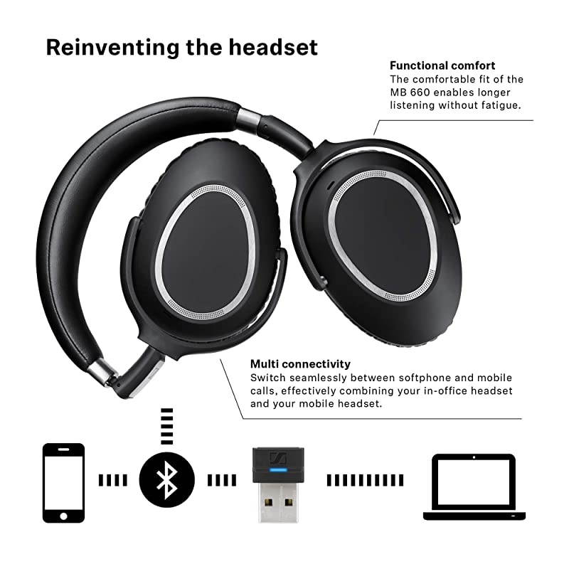 MB 660 MS (507093) - Dual-Sided, Dual-Connectivity, Wireless, Bluetooth, Adaptive ANC Over-Ear Headset | For Desk/Cell Phone & Softphone/PC Connection | Skype for Business Certified (Black)