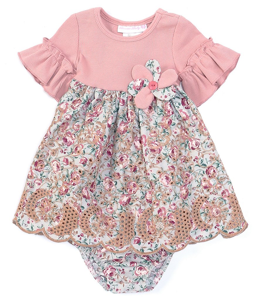 Bonnie Jean Baby Girls Newborn-9 Months Solid/Floral Poplin Babydoll Dress