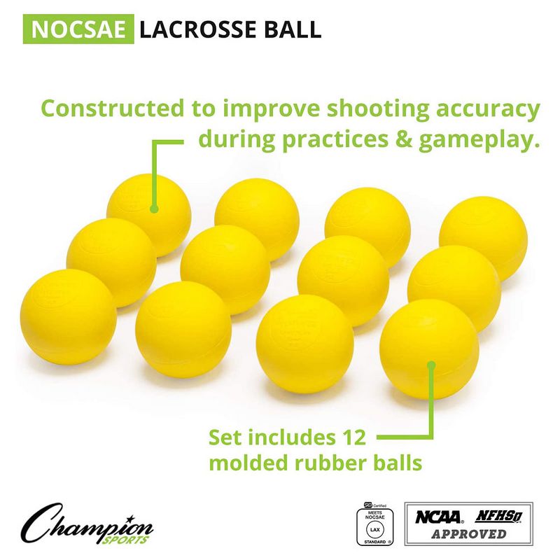 Champion Sports 12 Pack Official Size Molded Rubber Bulk Lacrosse Regulation Balls for Indoor or Outdoor Gameplay and Practice, Yellow