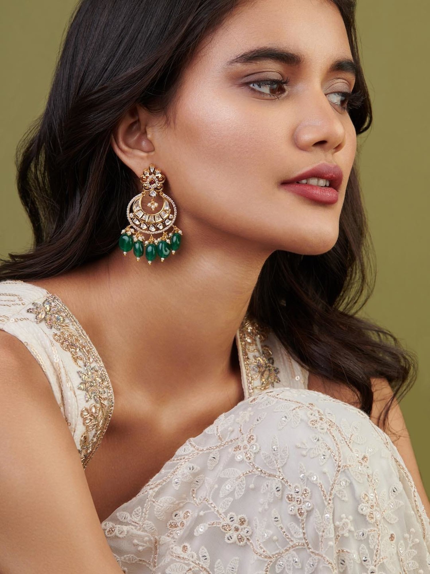 Curio Cottage Meira Emerald Green Chandbali Earrings