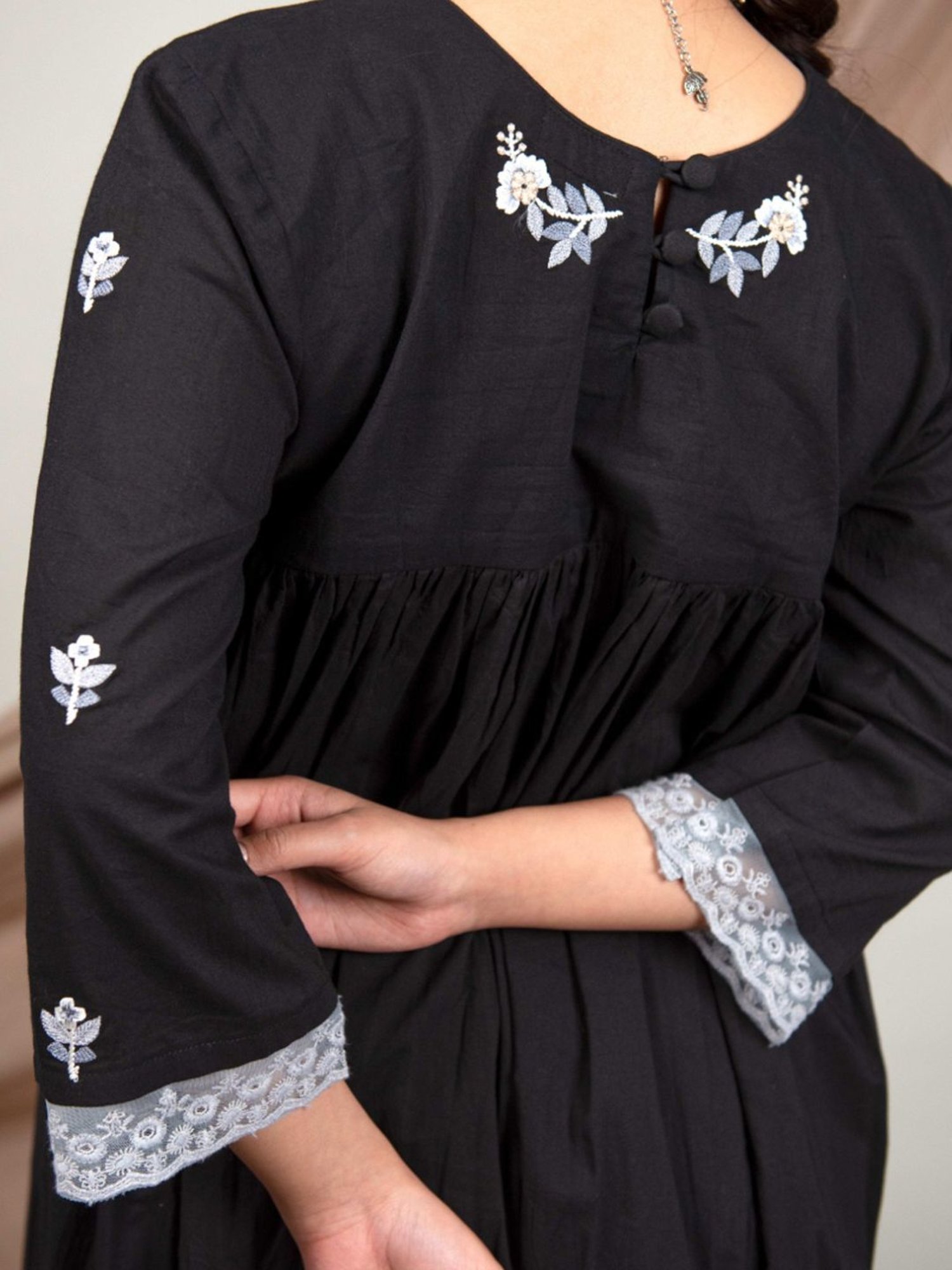 Priya Chaudhary Black Nargis Hand Embroidered Cotton Kurta with Pants and Kota Cotton Dupatta