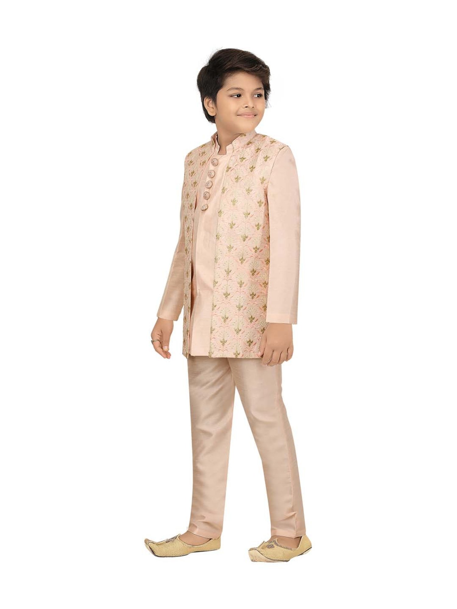 Ahhaaaa Kids Beige Cotton Embroidered Full Sleeves Kurta Set