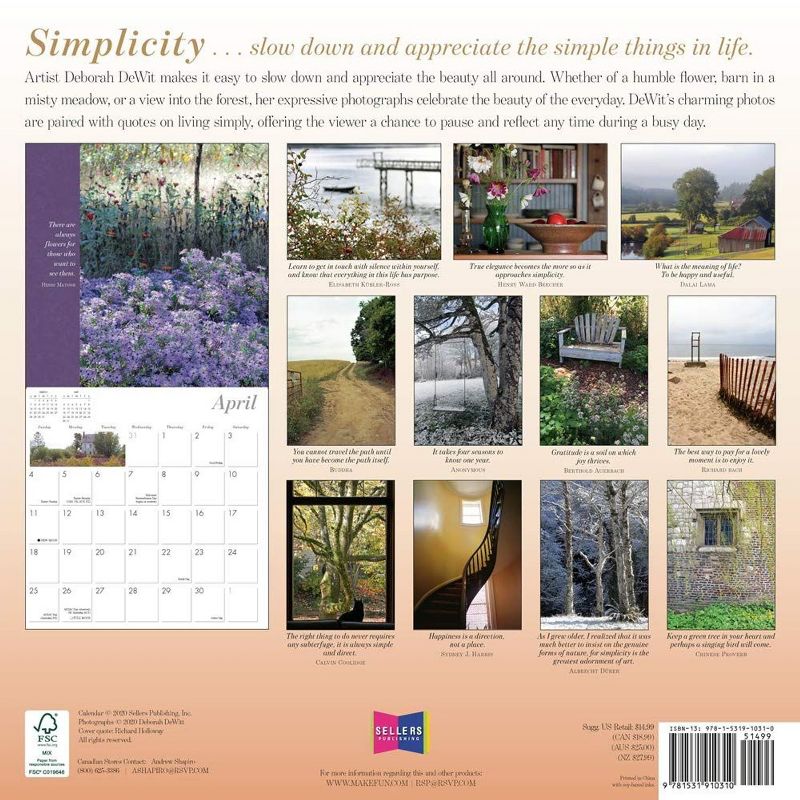 Sellers Publishing 2021 Simplicity Inspirations for a Simpler Life 16-Month Wall Calendar DeWit, Deborah