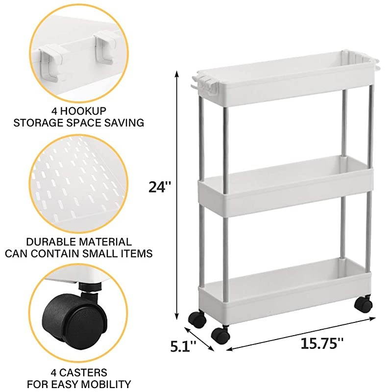 3 Tier Slim Storage Cart Mobile Shelving Unit Organizer Slide Out Storage Rolling Utility Cart Tower Rack for Kitchen Bathroom Laundry Narrow Places Plastic amp Stainless Steel White