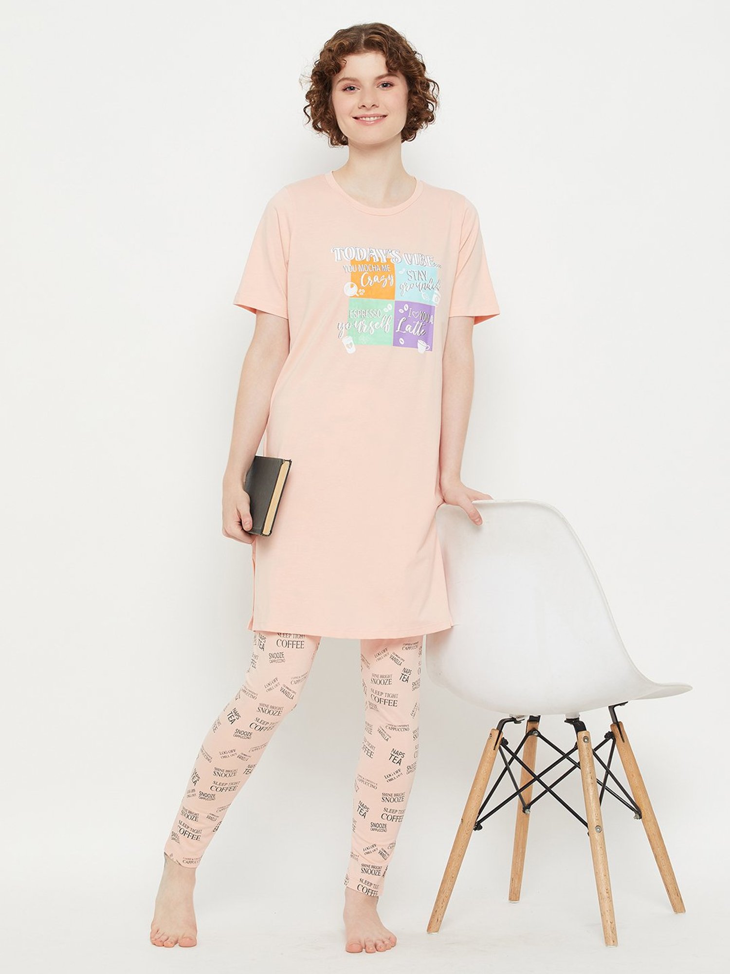 MADAME M Secret Peach Graphic Print Long T-Shirt With Pyjamas
