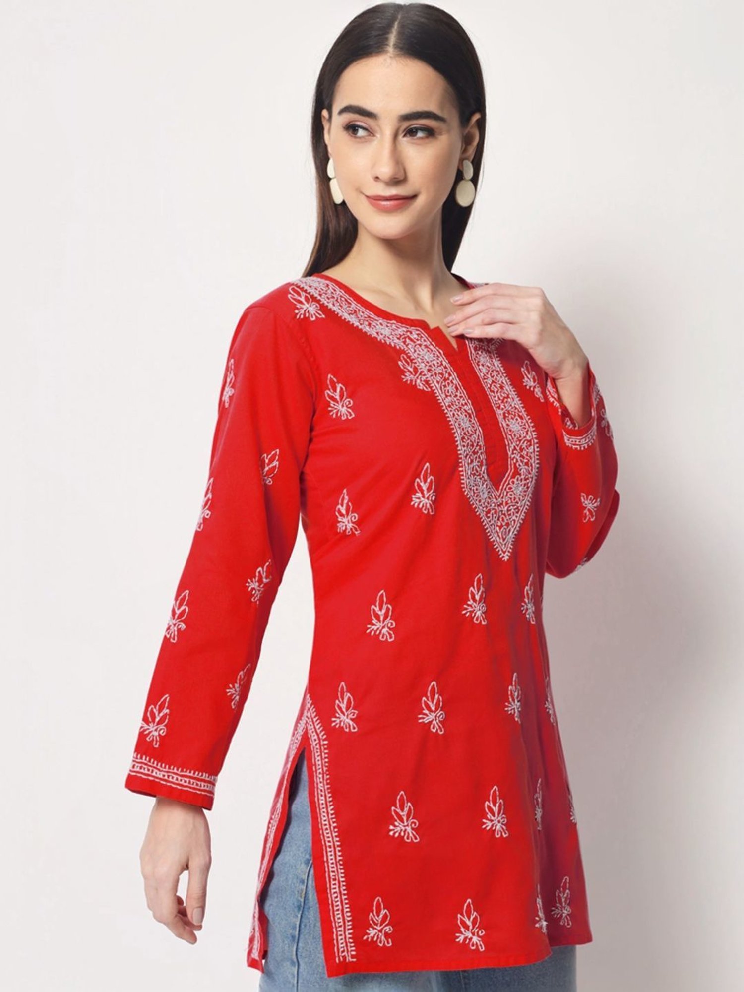 PARAMOUNT CHIKAN Red Cotton Hand Embroidered Chikankari Straight Kurti