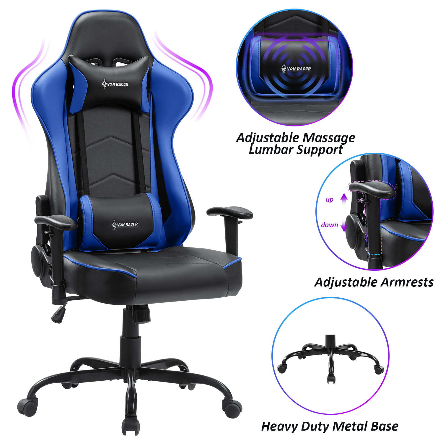 Gaming Chair, Racing Style Computer Desk Chair Padded Armrests Ergonomic Lumbar Support Adjustable Height