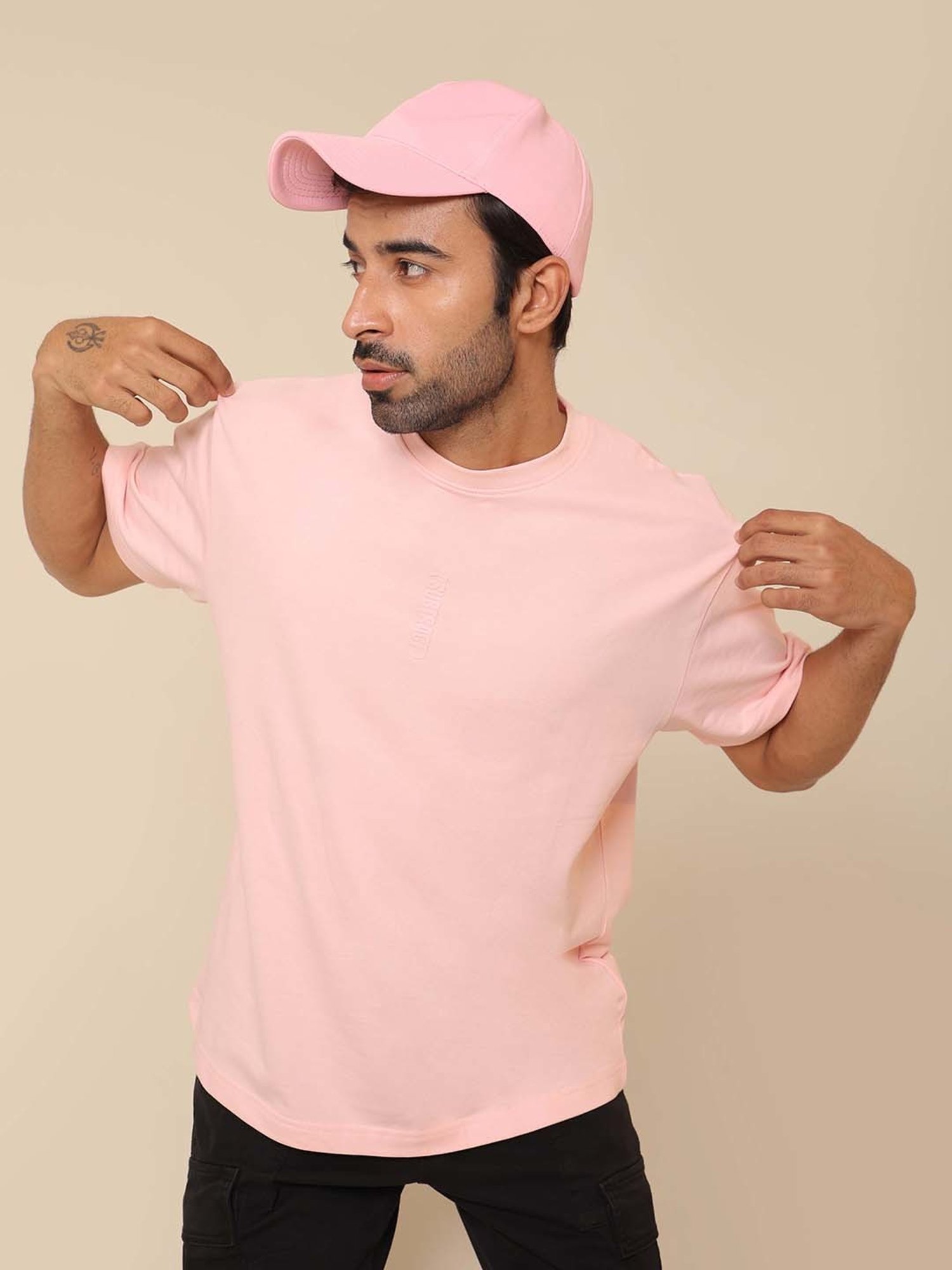 SUBTRACT Salmon Pink Regular Fit Cotton Oversized Crew T-Shirt