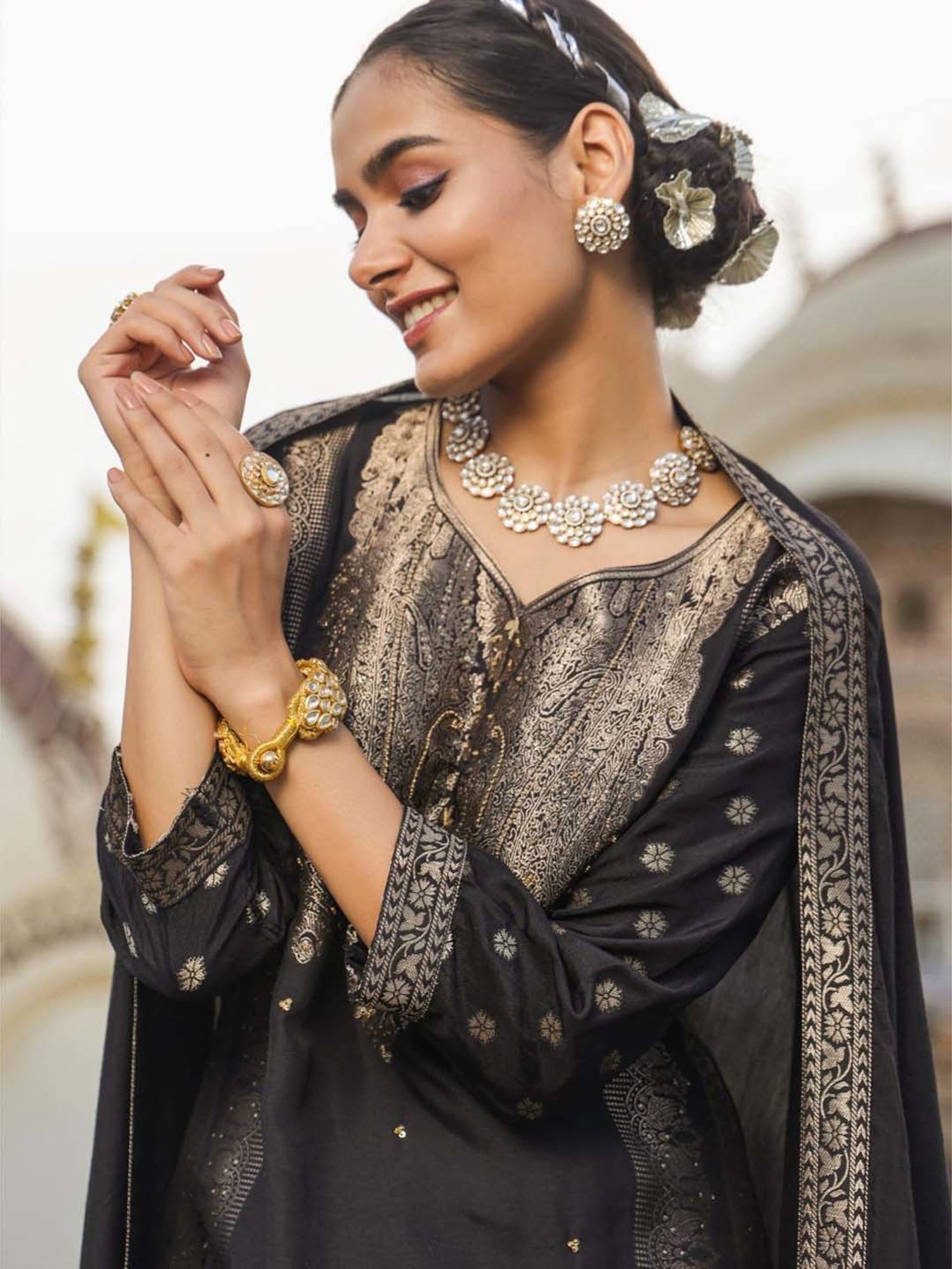 SCAKHI Black Embroidered Kurta Pant Set With Dupatta