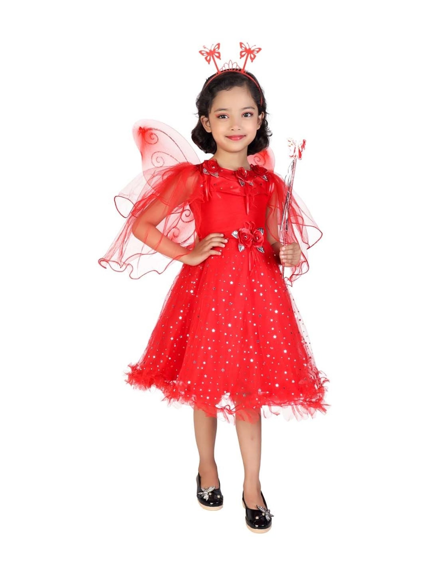 Ahhaaaa Kids Red Cotton Sequence Dress
