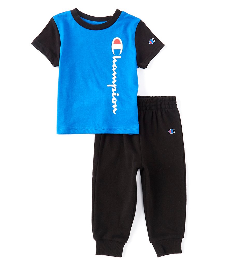 Champion Baby Boys 12-24 Months Short-Sleeve Color Block Signature Logo Jersey Tee & SolidFleece Jogger Pants Set