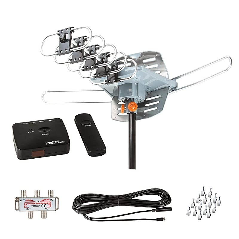 Outdoor HDTV Antenna 2019 Newest Model Up to 150 Miles Long Range with Motorized 360 Degree Rotation, UHF/VHF/FM Radio with Infrared Remote Control Advanced Design Plus Installation Kit