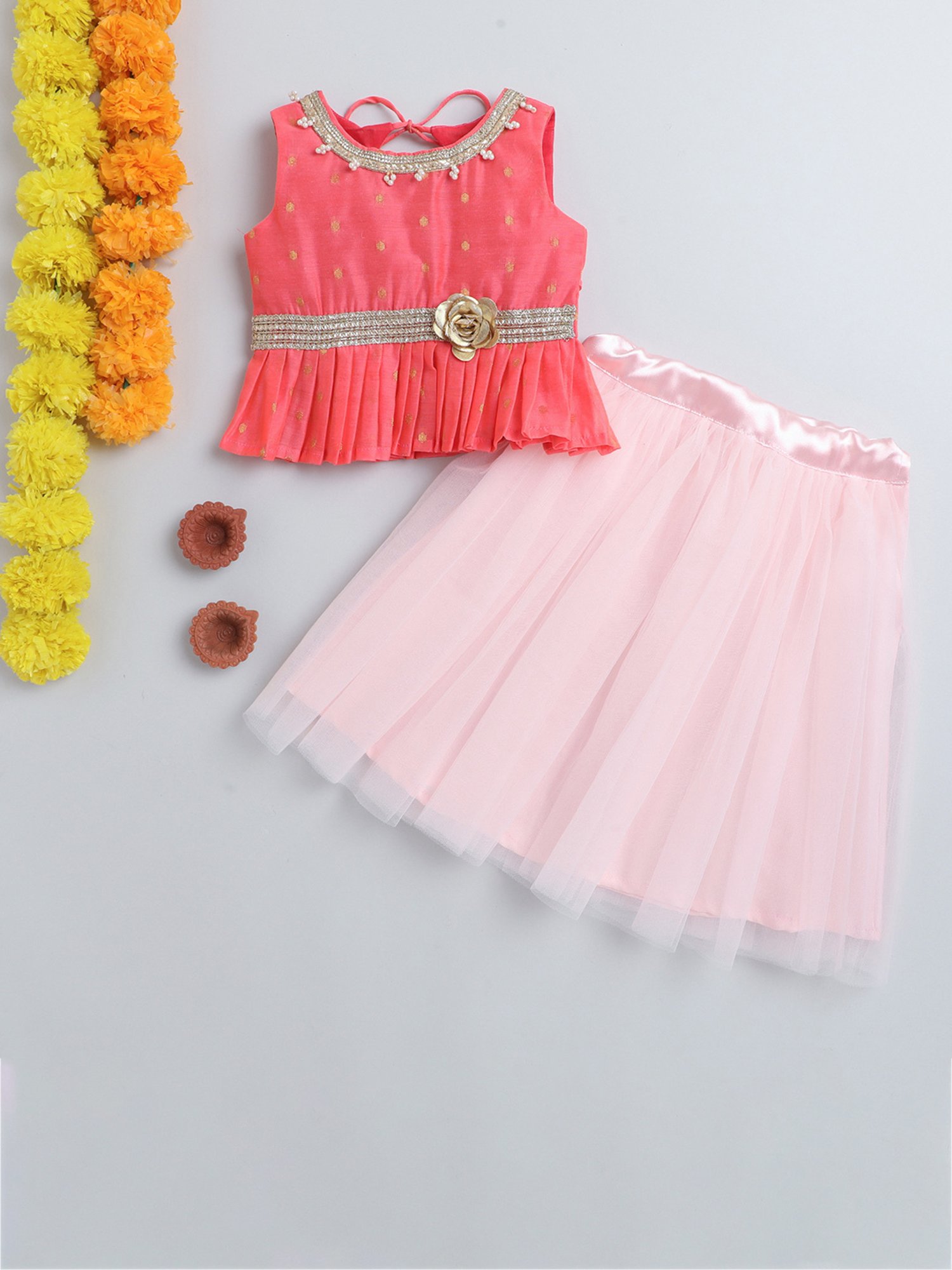 Many Frocks Kids Coral & Pink Embroidered Lehenga with Choli