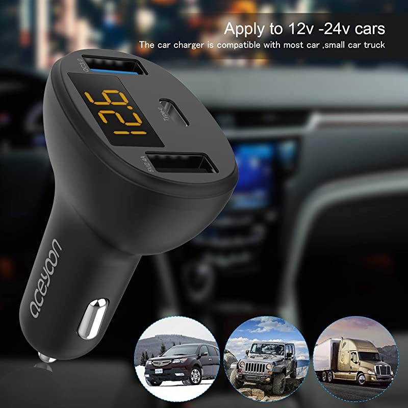USB C Car Charger QC 30 PD Car Charger with Dual USB 12V24V Max 28W USBC Car Charger LED Display Adapter Compatible for XS XR Galaxy S10 S9 Note 8 Pixel 2 2 XL