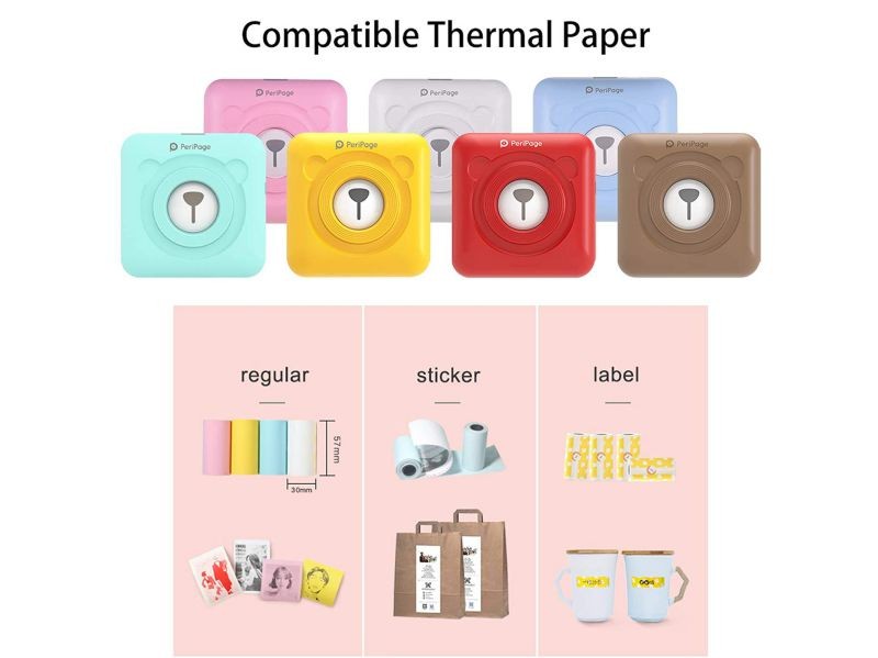 Makesure PeriPage Bluetooth Portable Label Printer Mini Pocket Wireless BT Thermal Printer Picture Photo Label Memo Receipt Paper Printer for Android iOS with 6 Rolls Free Sticker Paper(White)