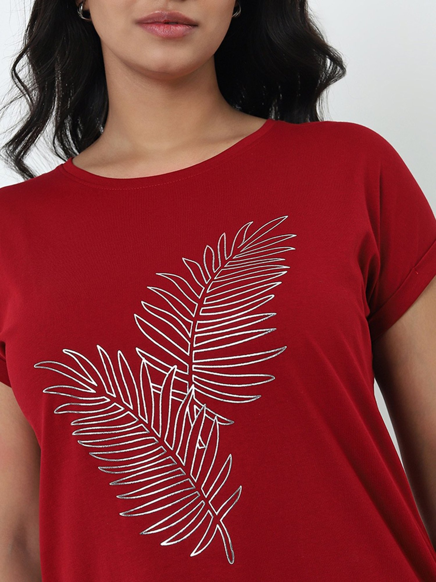 Gia by Westside Red Leaf Printed Cotton T-Shirt