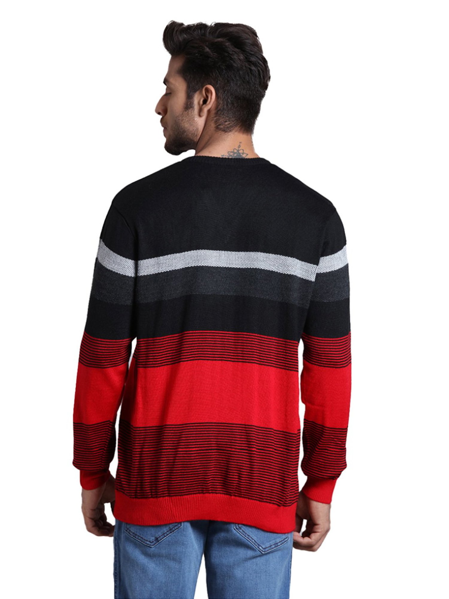 Park Avenue Red & Black Regular Fit Striped Sweater