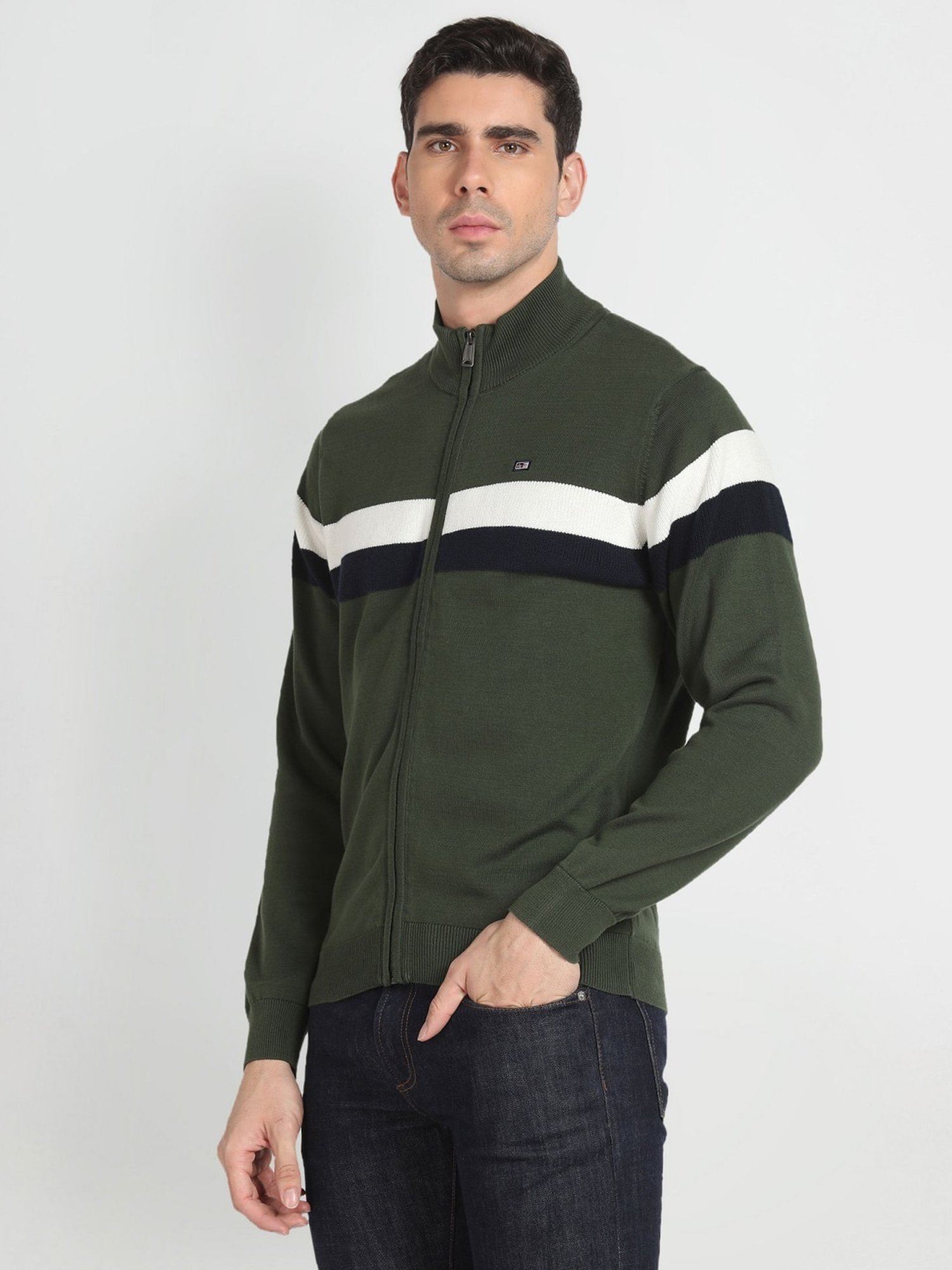 Arrow Sport Olive Cotton Regular Fit Striped Sweater