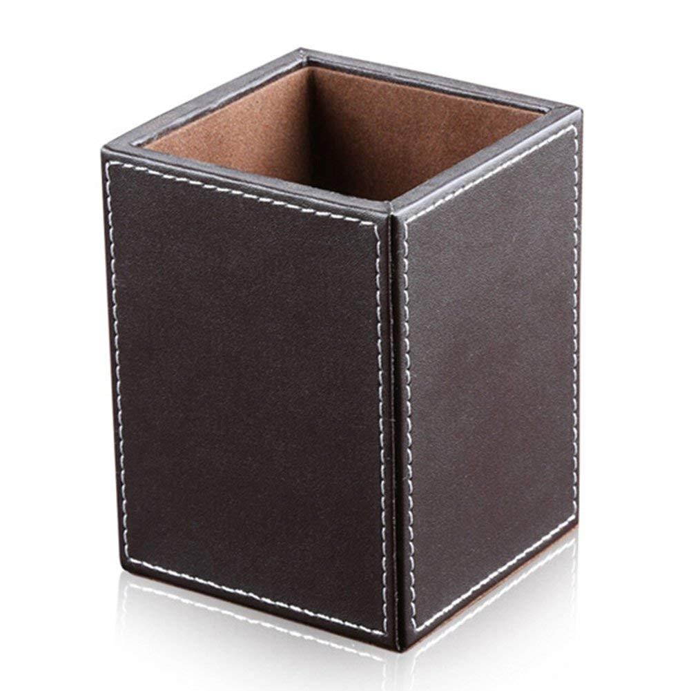 KINGFOM PU Leather Square Pens Pencils Holder Cup Desktop Stationery Organizer Case Office Accessories Container Box Brown