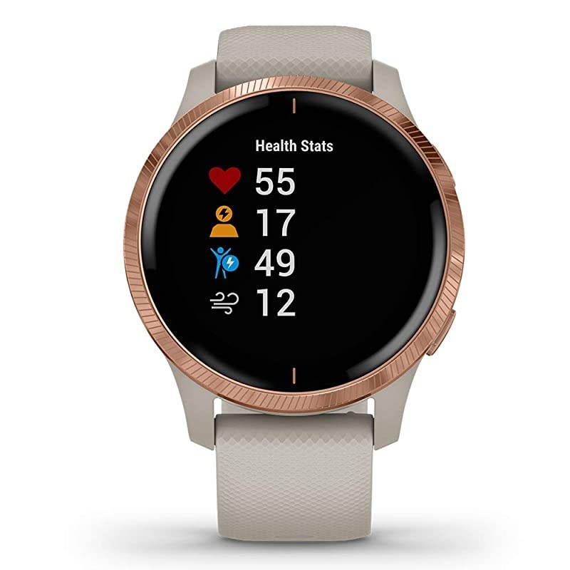 Garmin Venu (Light Sand/Rose Gold) Power Bundle | +HD Screen Protectors (x4) &  Portable Charger | AMOLED Display, Spotify | Fitness GPS Smartwatch