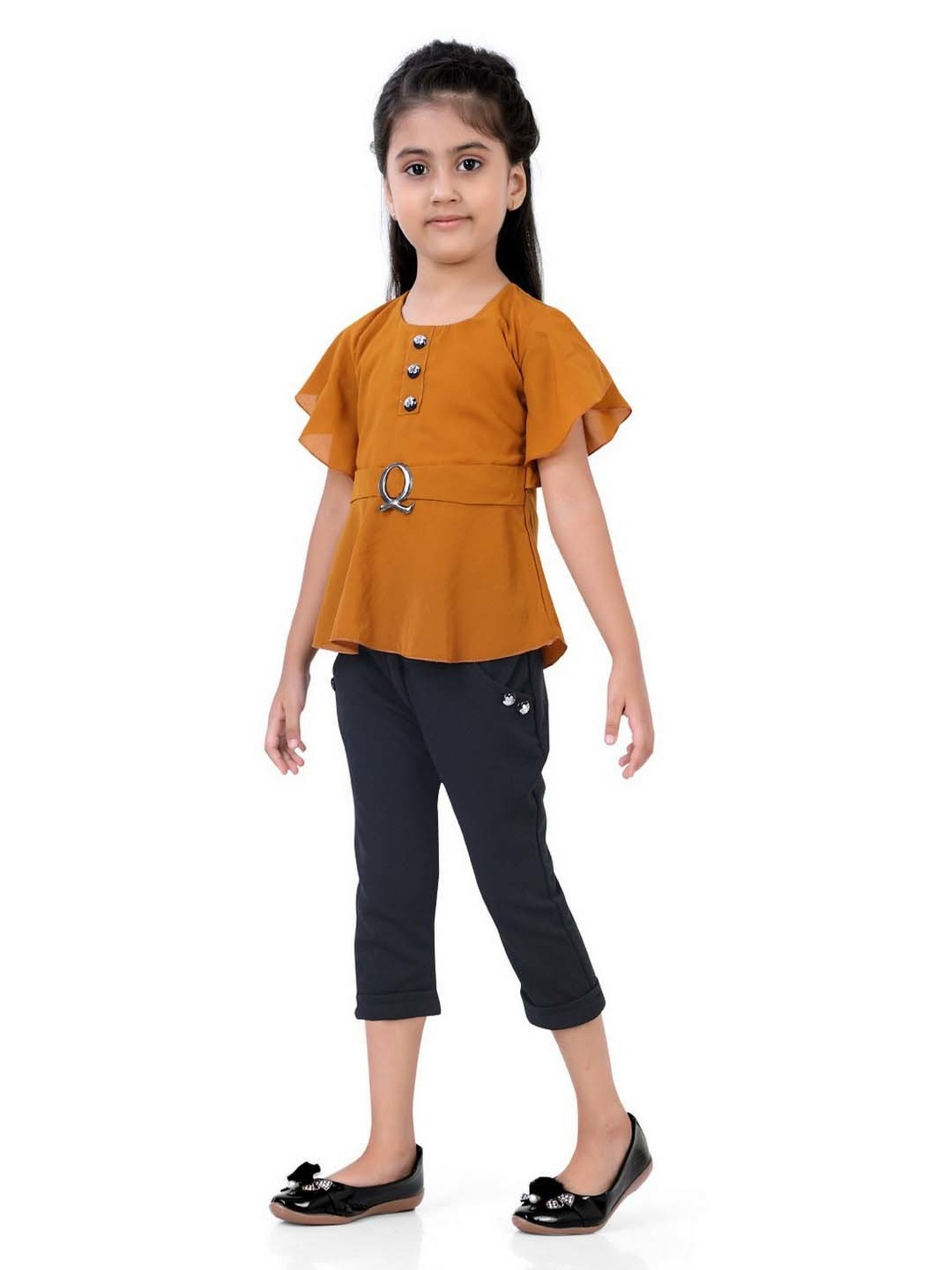 poplins Kids Mustard & Black Cotton Regular Fit Top Set