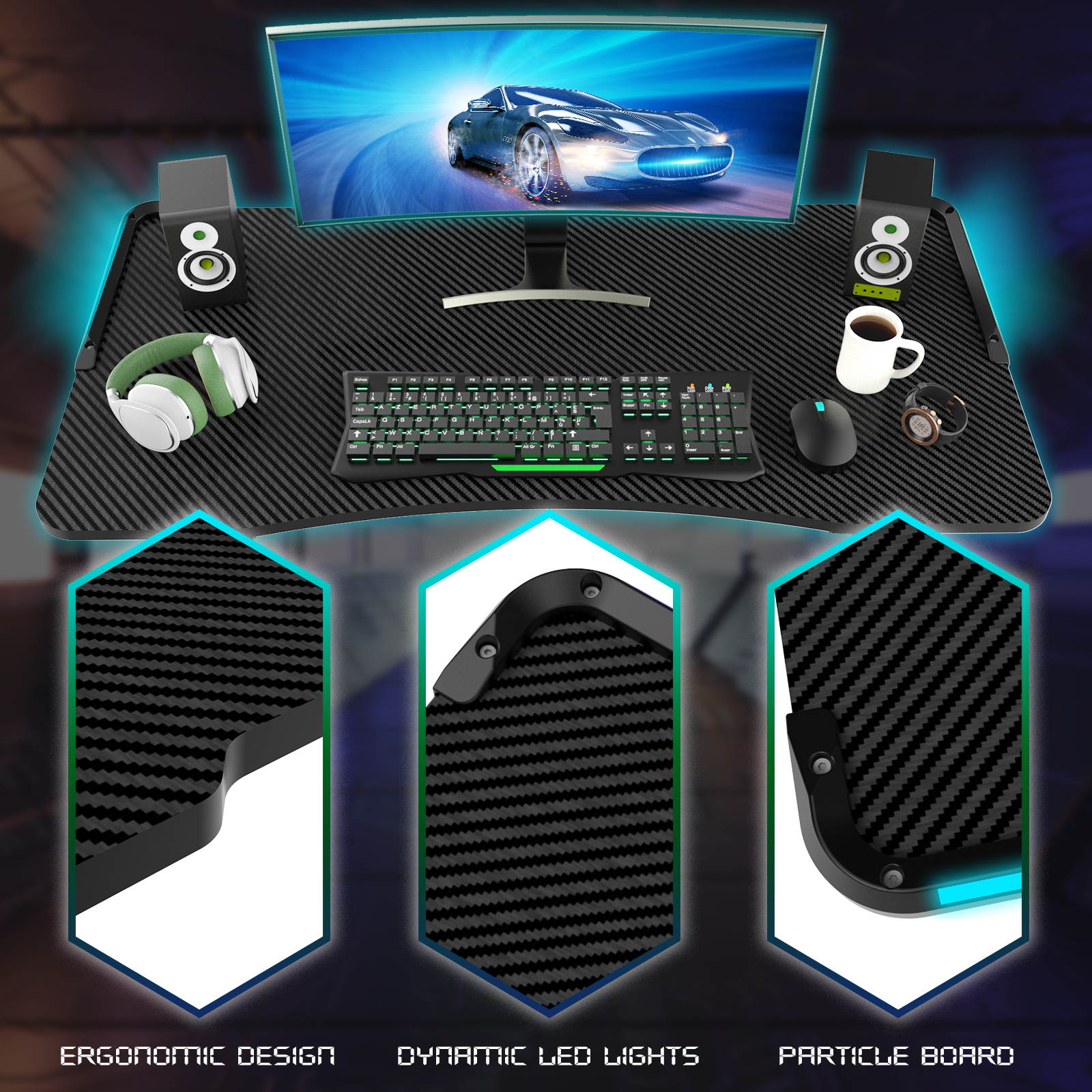 SMUGDESK 47.24" x 23.6" Gaming Desk Racing Style Computer Desk Ergonomic Game Table with Dynamic RGB LED Lights T-Shaped Gamer Workstation for Home Office