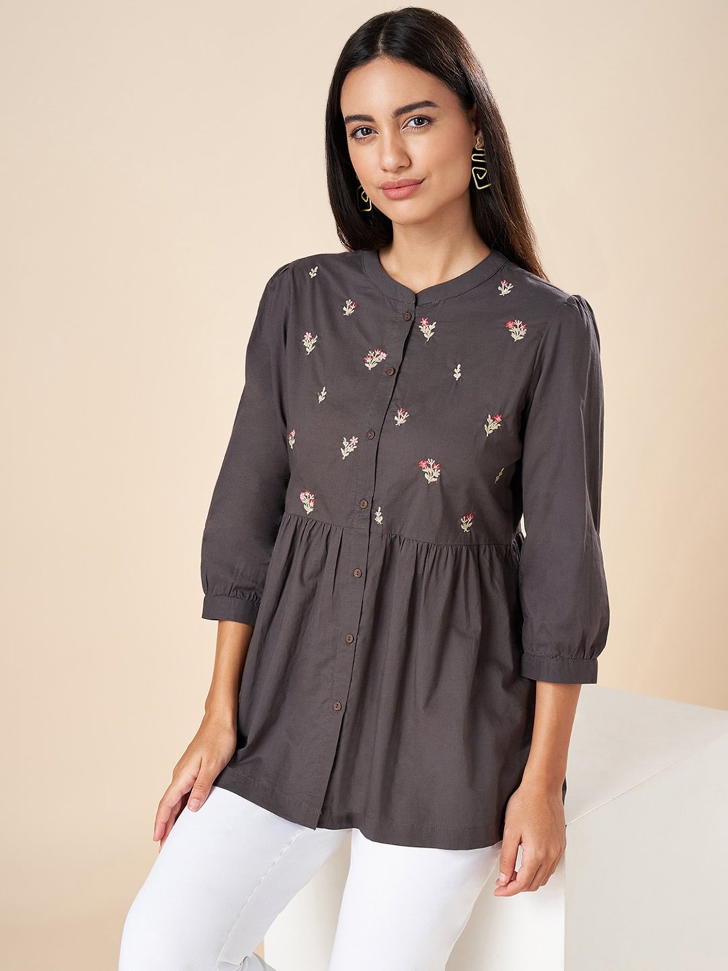Akkriti by Pantaloons Charcoal Grey Cotton Embroidered Tunic